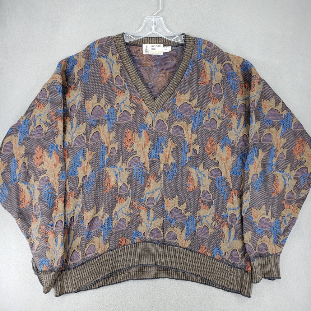 London Fog Sweater Men XL Brown Vintage 90s V-Neck Abstract 3D Knit USA Coogi